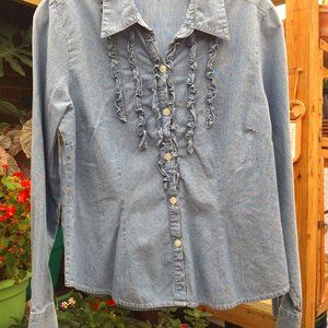 Vintage Gloria Vanderbuilt Denim Ruffled Blouse, P/M